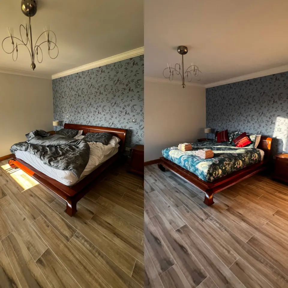 Before-and-after comparison of an unmade bedroom and a guest-ready bed
