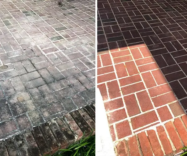Before-and-after comparison of brick paving after pressure washing