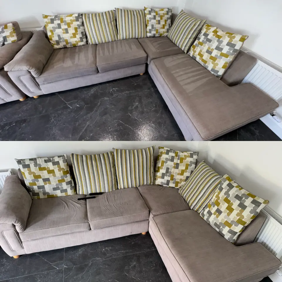 Corner sofa during upholstery cleaning and after its cushions were reset