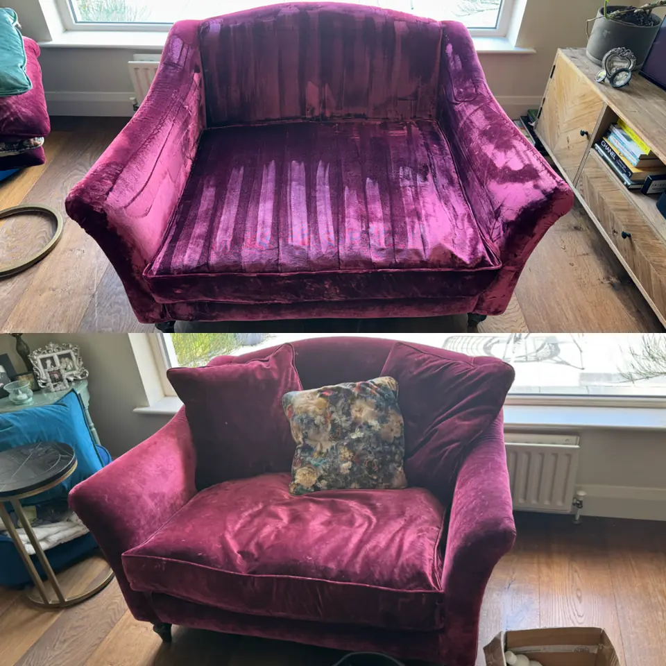 Velvet armchair during upholstery extraction and after cushions were replaced