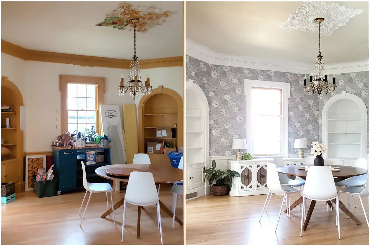Interior dining room wallpapering makeover before and after