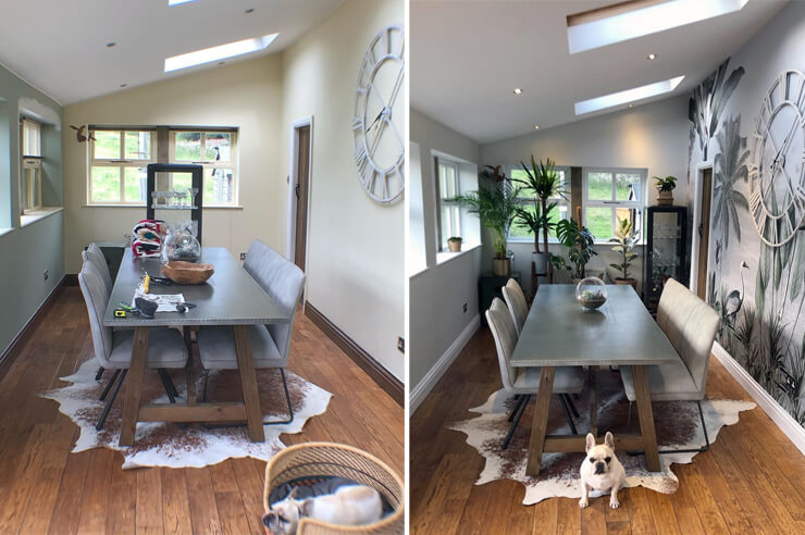 Interior room wallpapering transformation before and after